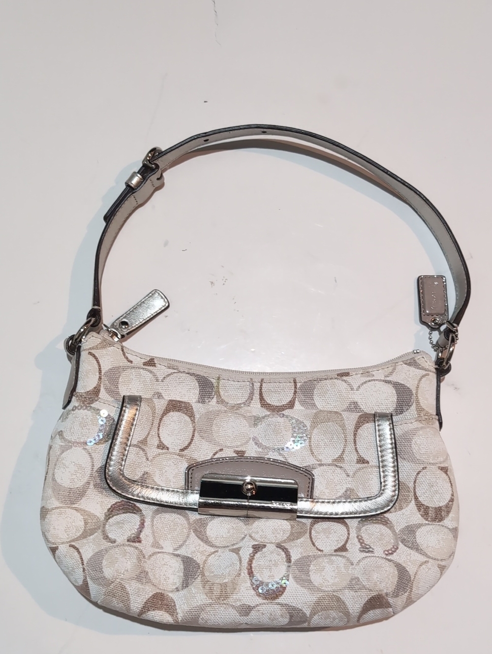 Coach Beige Signature Shoulder Bag with Silver Trim Sequin In Front Of The Purse